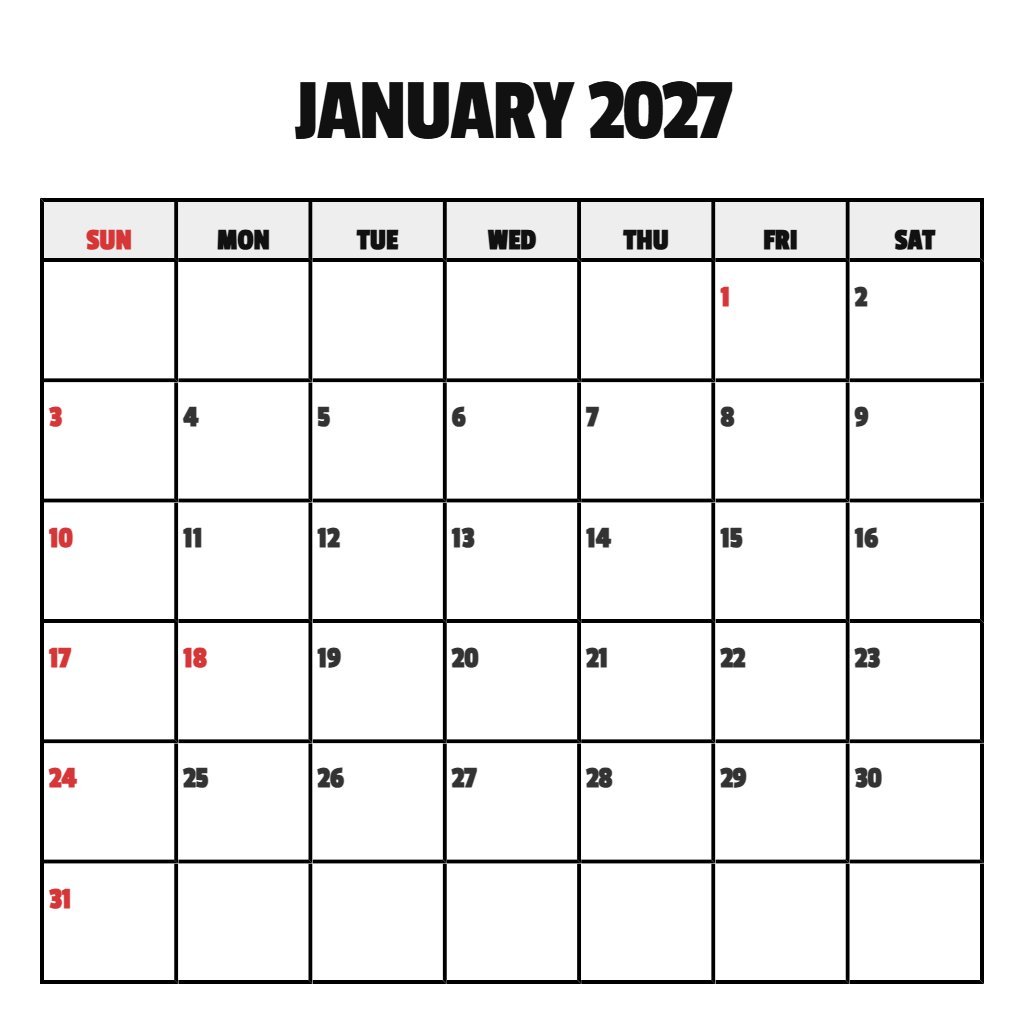 Cute Blank Calendar January 2027 Free Printable Schedule PDF Download