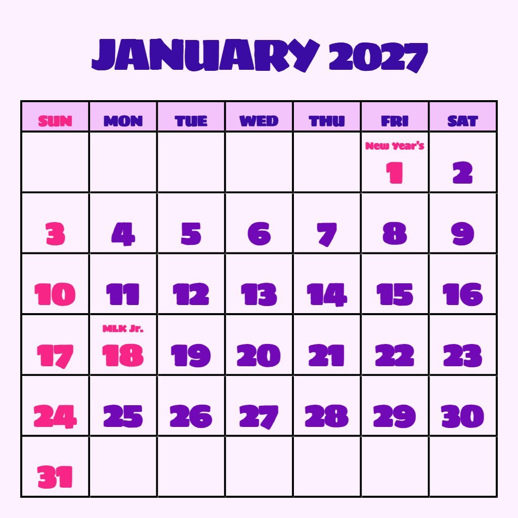 Cute Blank Calendar January 2027 Free Printable Planning PDF Download