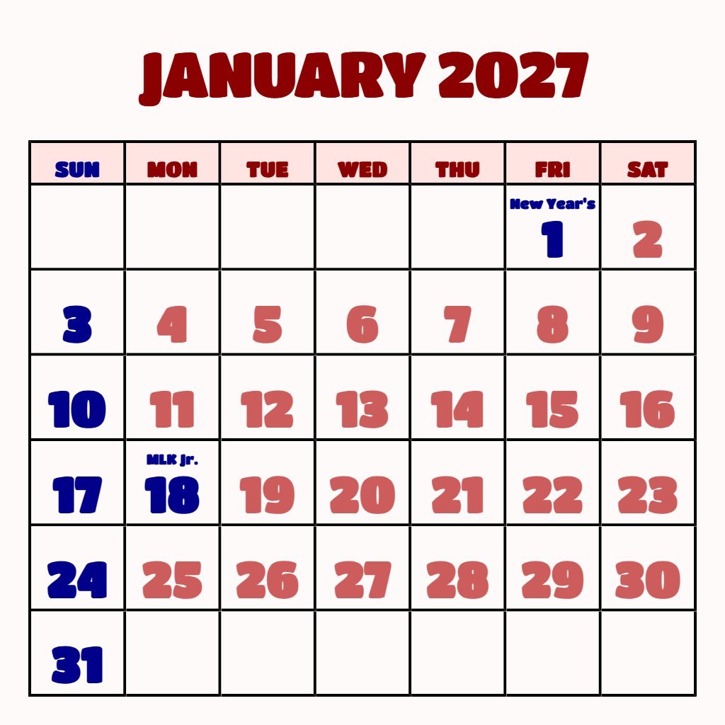 Free Blank Calendar January 2027 Free Printable Wallpaper PDF Download