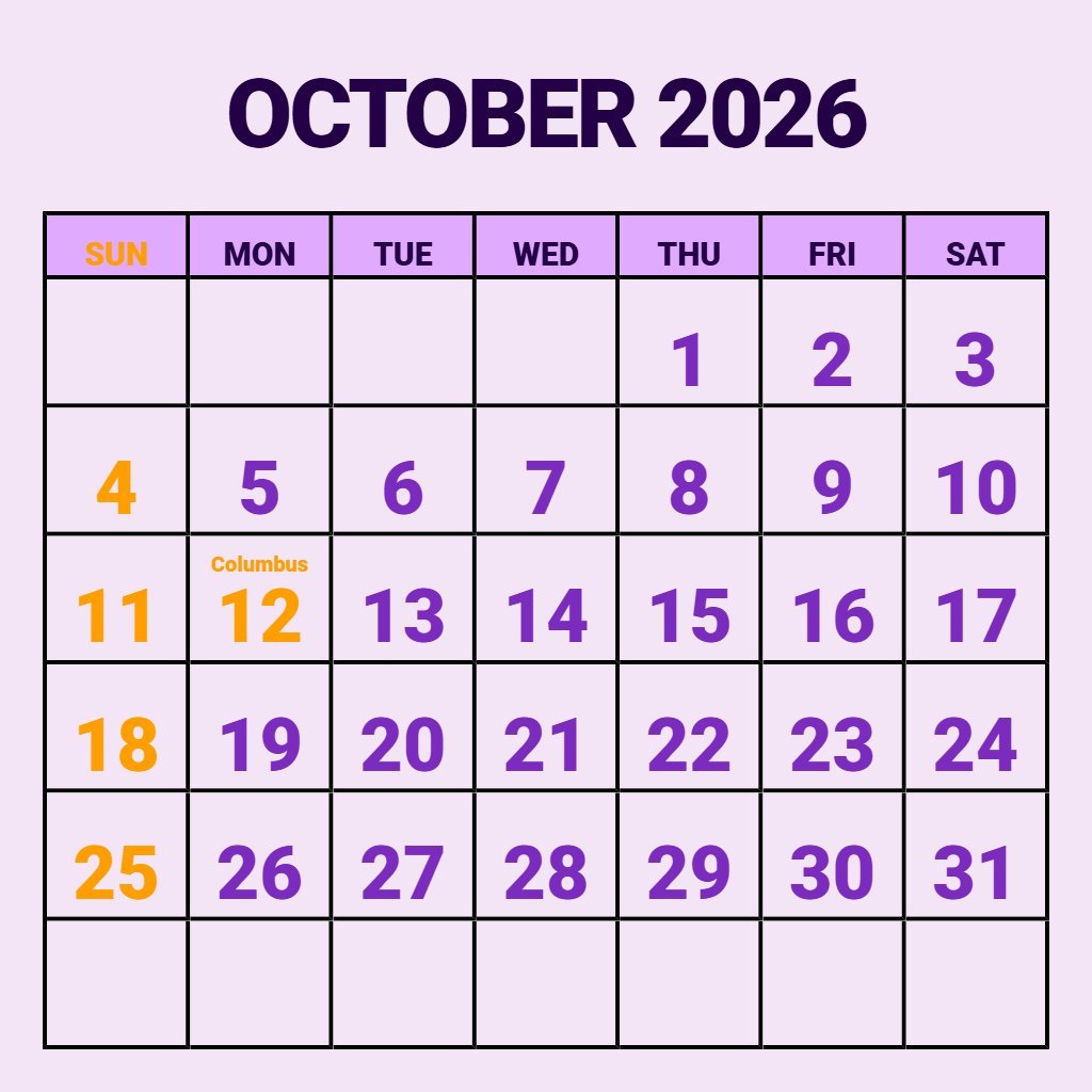 Custom Blank Calendar October 2026 Free Printable Notes PDF Download