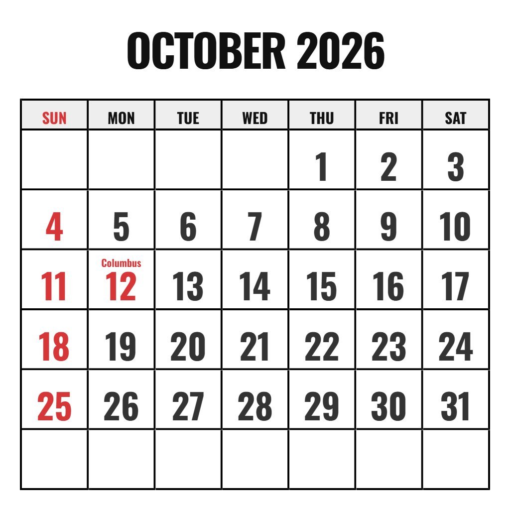 Blank Calendar October 2026 Free Printable PDF Download