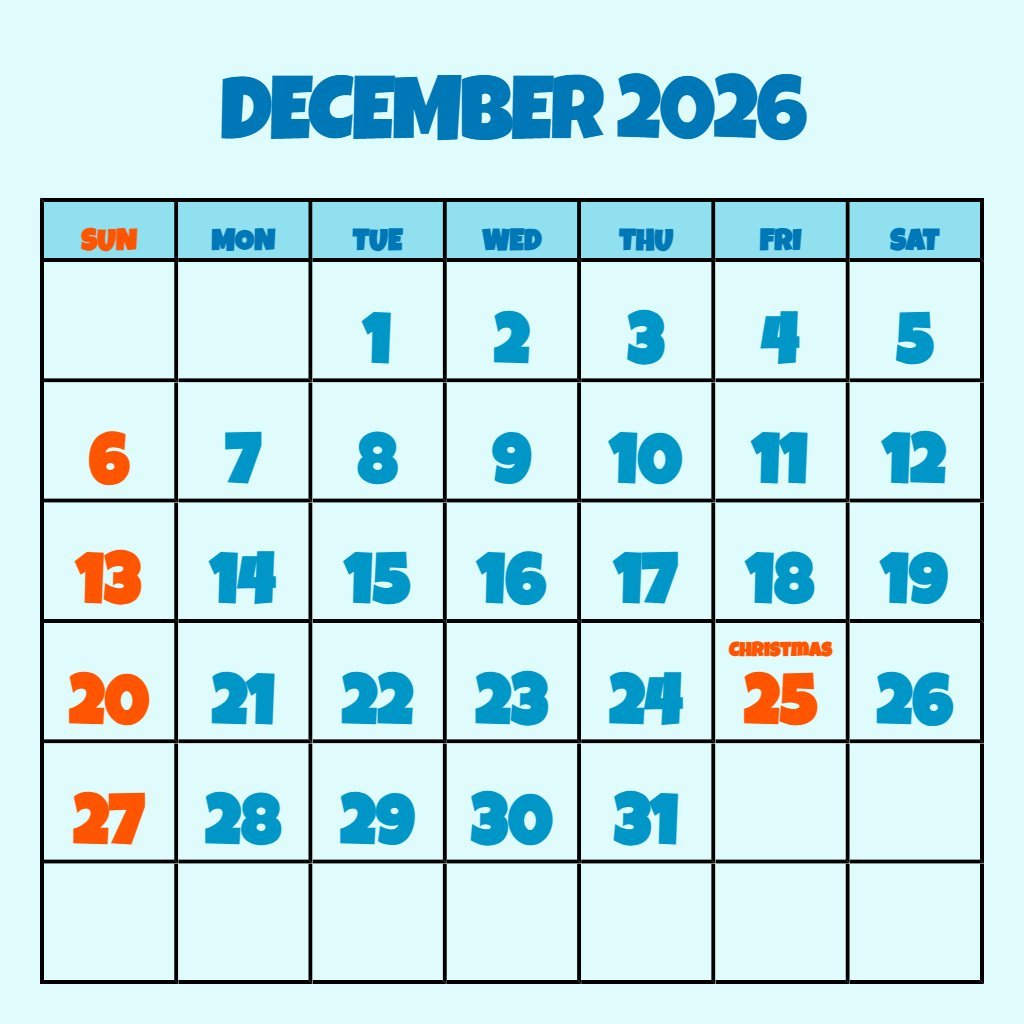 Free Blank December 2026 Calendar Printable Schedule PDF Download