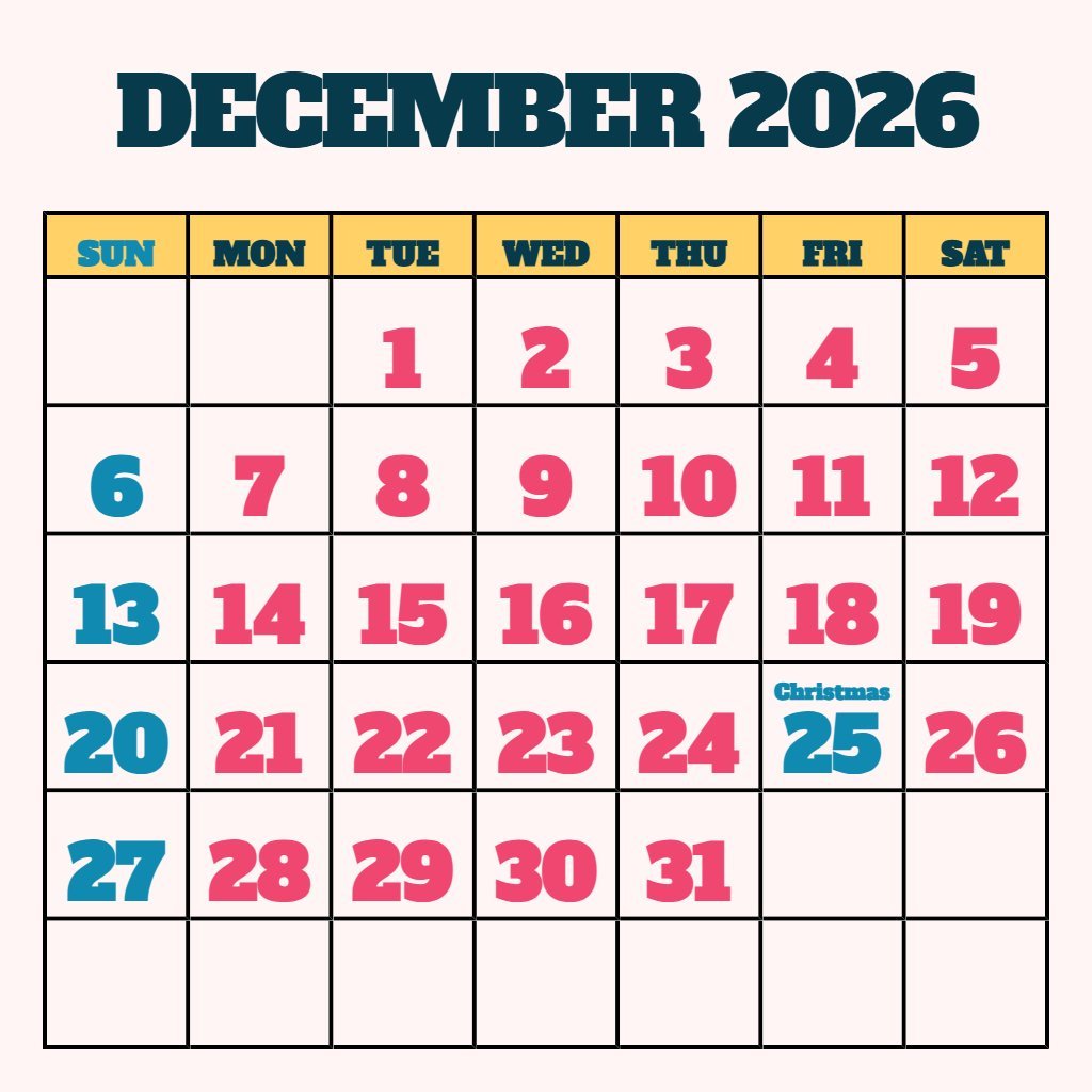 Custom Blank December 2026 Calendar Printable Schedule PDF Download