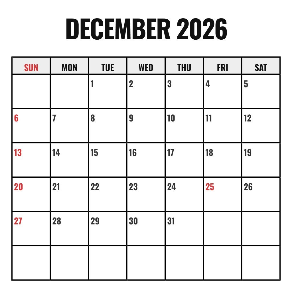 Custom Blank December 2026 Calendar Printable Pdf Schedule PDF Download