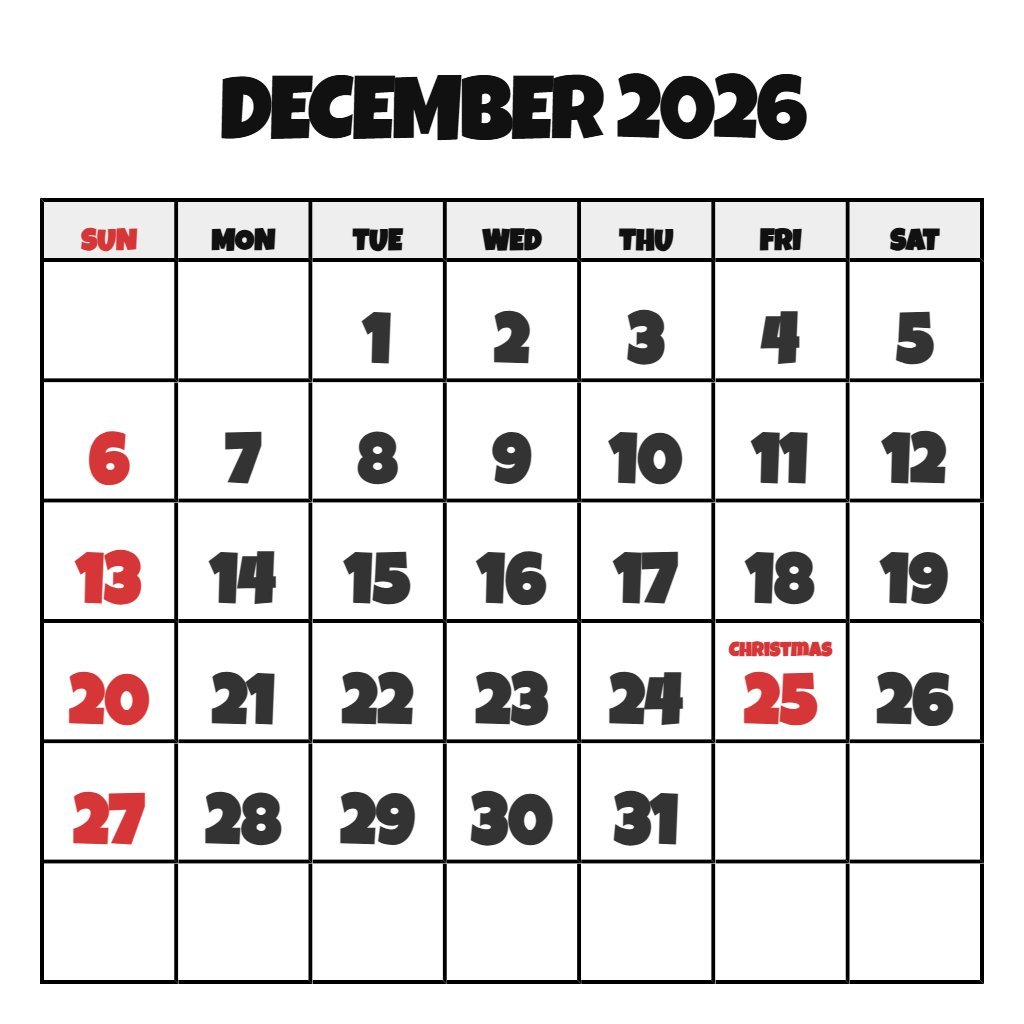 Blank December 2026 Calendar Printable PDF Download