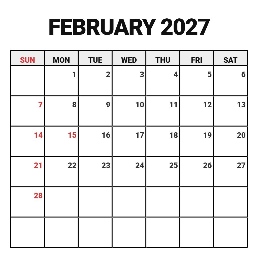 Free Blank February 2027 Calendar Printable Free Notes PDF Download