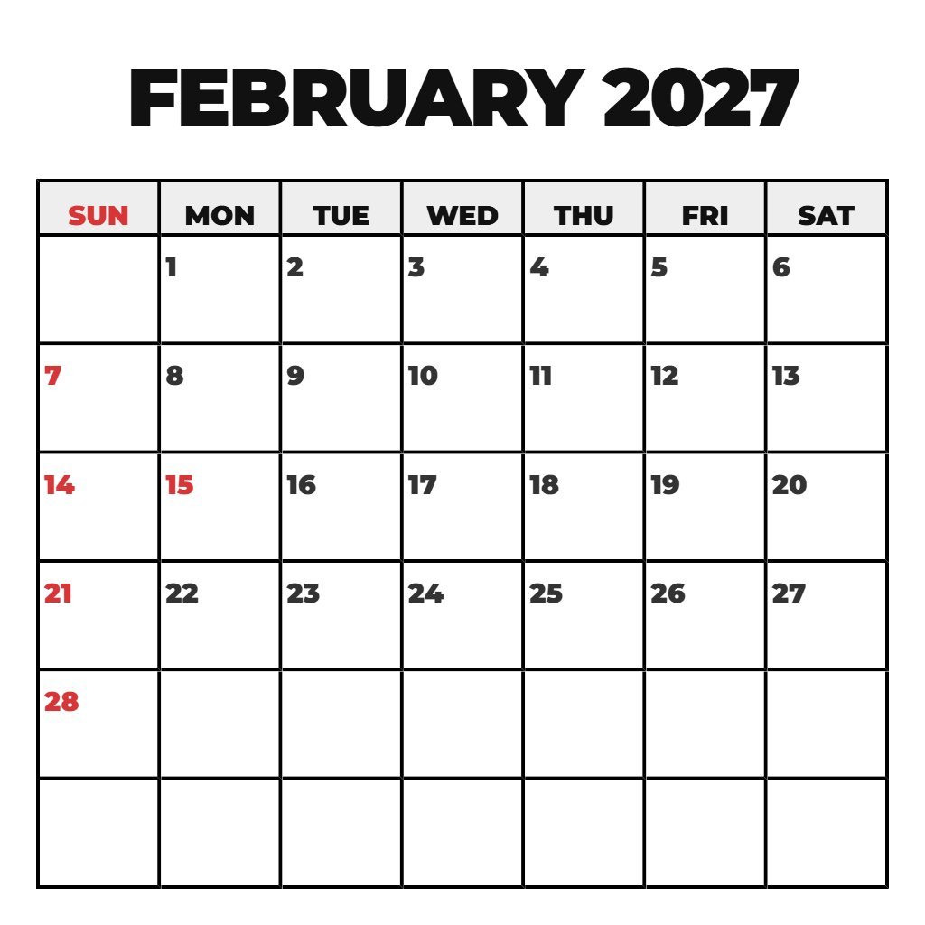 Free Blank February 2027 Calendar Printable Free Planning PDF Download