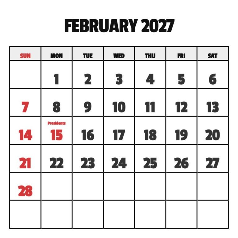 Blank February 2027 Calendar Printable Free PDF Download