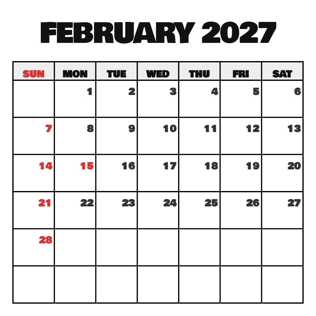 Editable Blank February 2027 Calendar Printable Free Pdf Wallpaper PDF Download