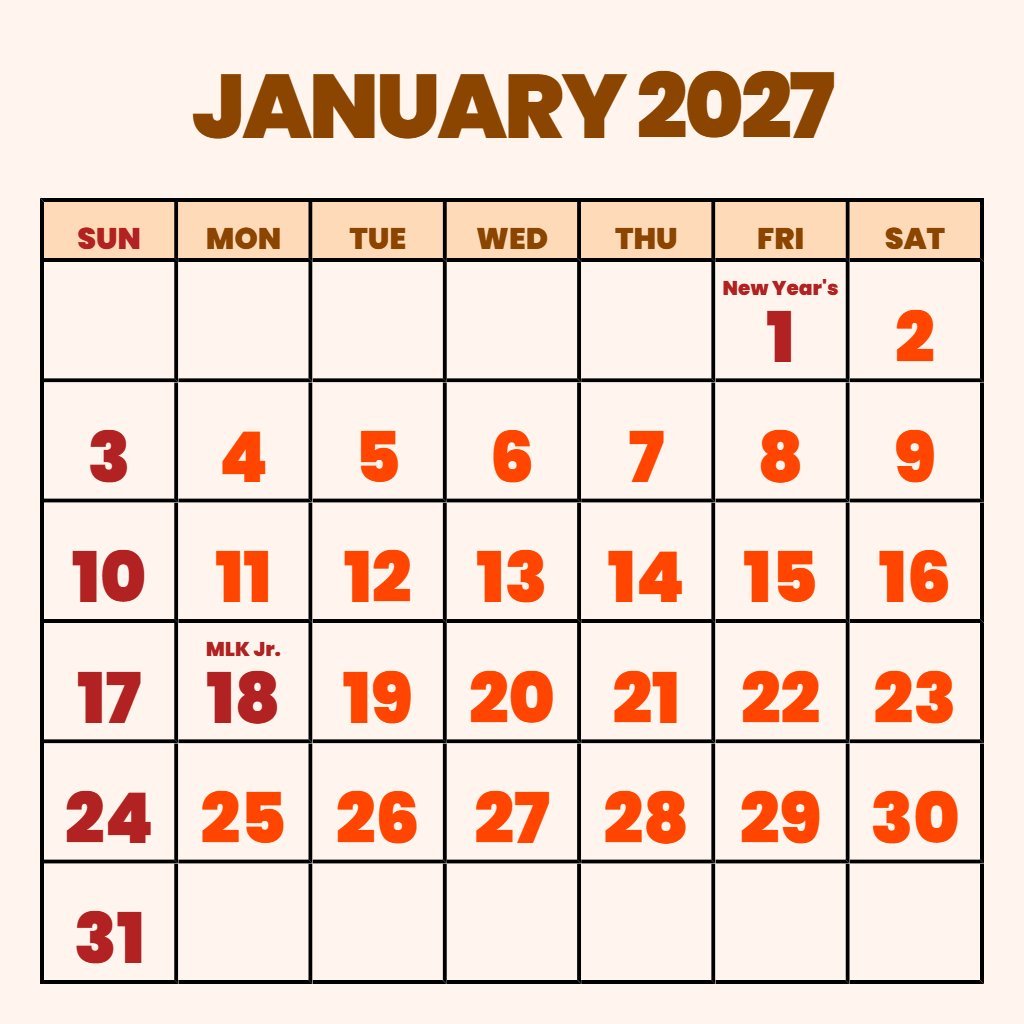 Editable Blank January 2027 Calendar Printable Pdf Planning PDF Download