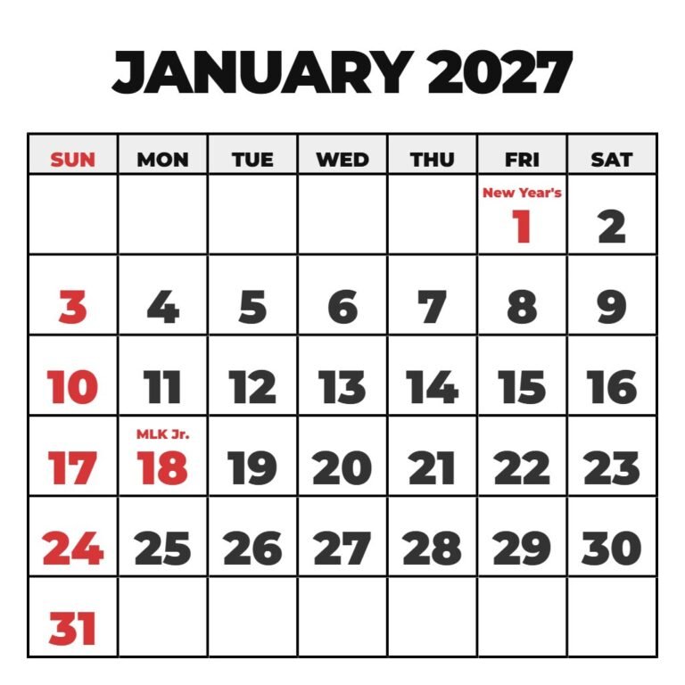 Blank January 2027 Calendar Printable Pdf PDF Download