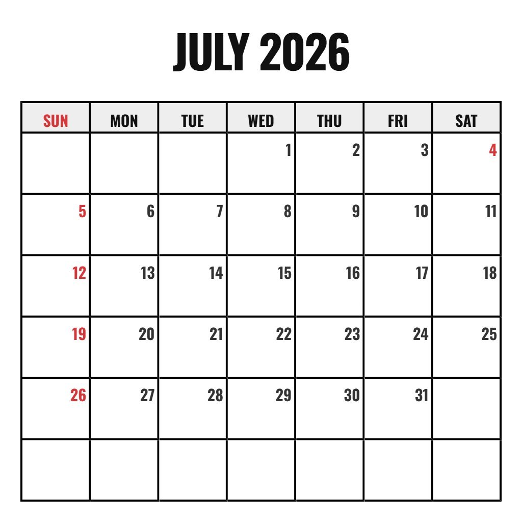 Custom Blank July 2026 Calendar Printable Pdf Notes PDF Download