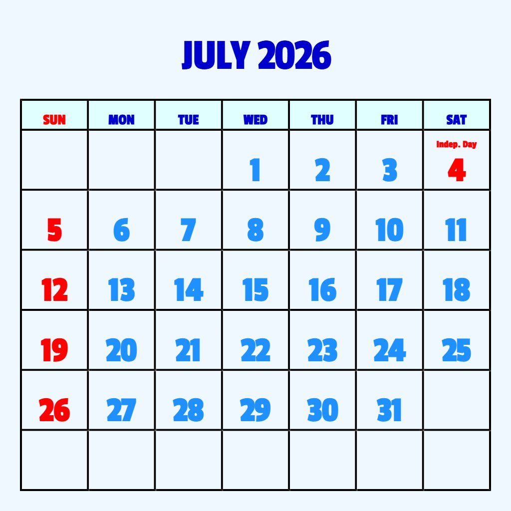 Custom Blank July 2026 Calendar Printable Pdf Schedule PDF Download