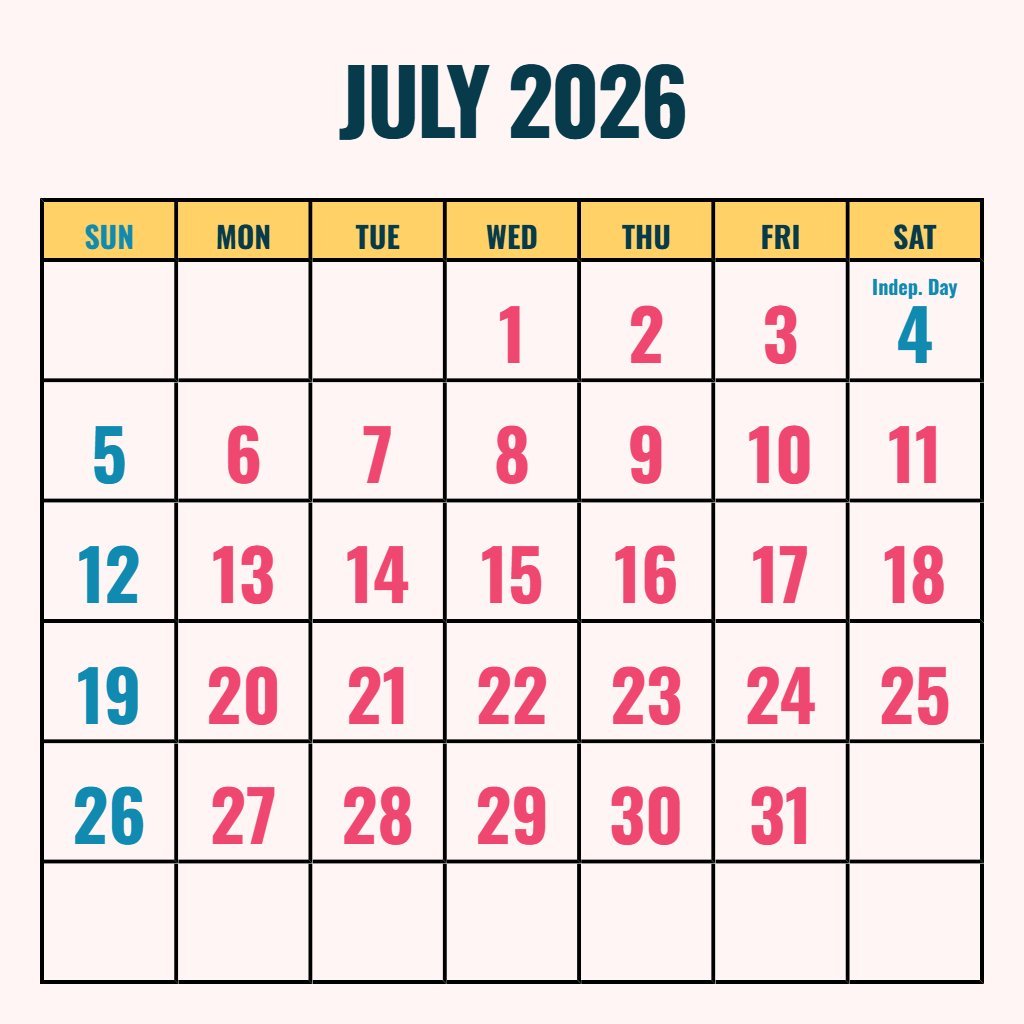 Editable Blank July 2026 Calendar Printable Pdf Planning PDF Download