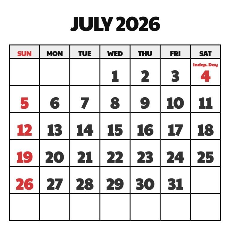 Blank July 2026 Calendar Printable Pdf PDF Download