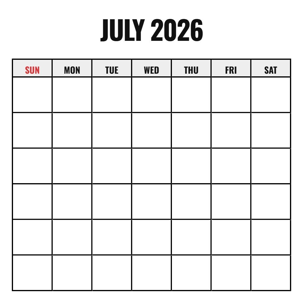 Blank July 2026 Calendar Printable Pdf PDF Download