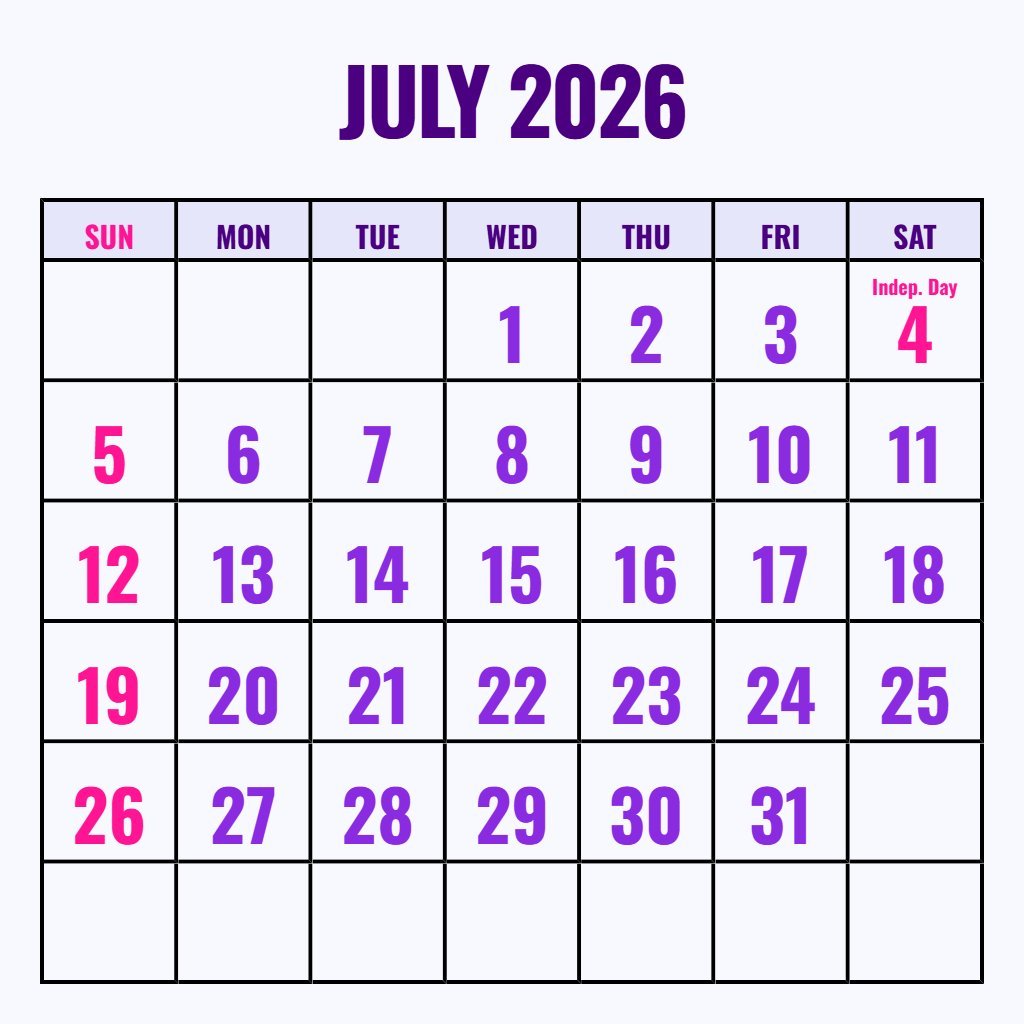 Custom Blank July Calendar 2026 Printable Wallpaper PDF Download