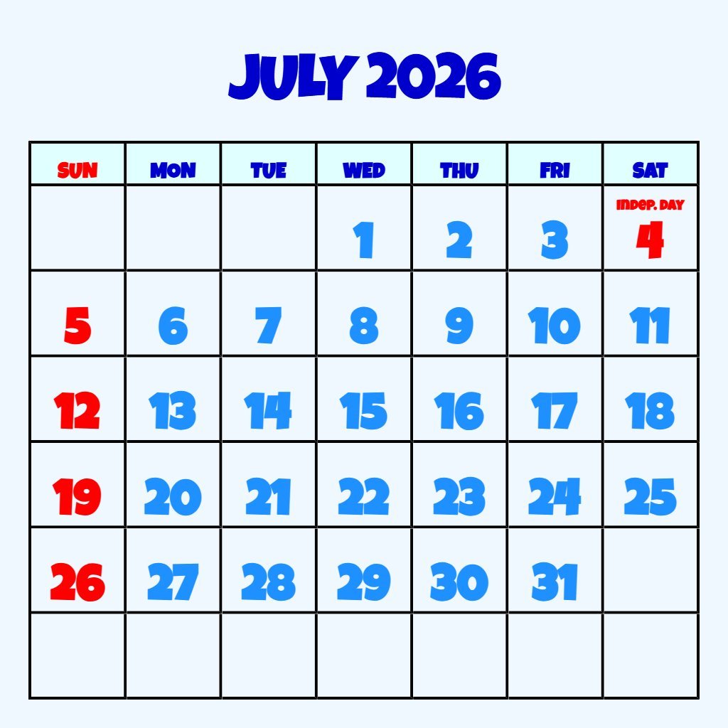 Custom Blank July Calendar 2026 Printable Notes PDF Download