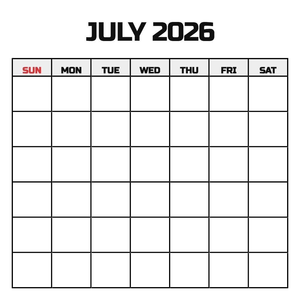 Blank July Calendar 2026 Printable PDF Download
