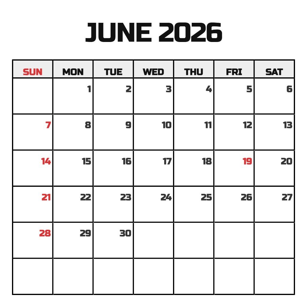Free Blank June 2026 Calendar Printable Schedule PDF Download