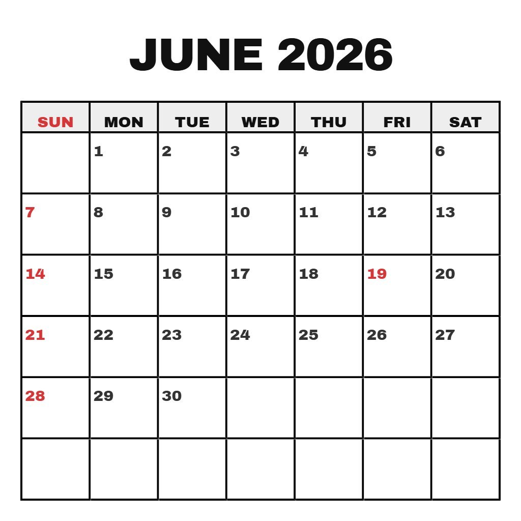 Editable Blank June 2026 Calendar Printable Schedule PDF Download