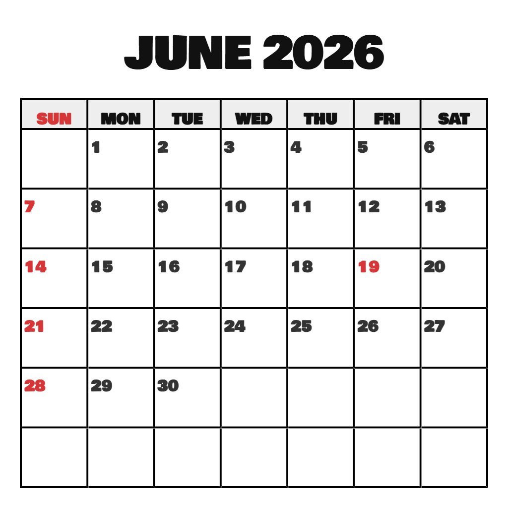 Custom Blank June Calendar 2026 Printable Schedule PDF Download