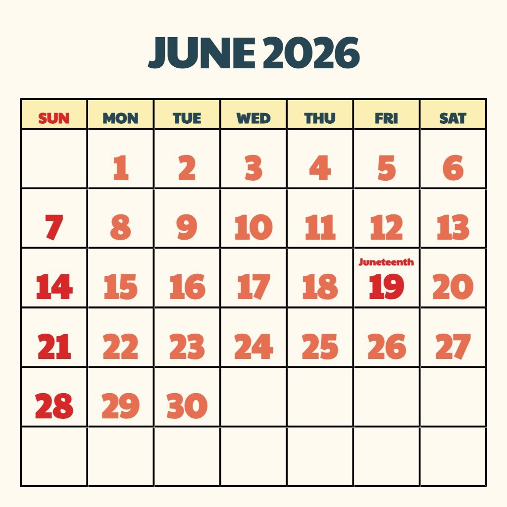 Custom Blank June Calendar 2026 Printable Notes PDF Download