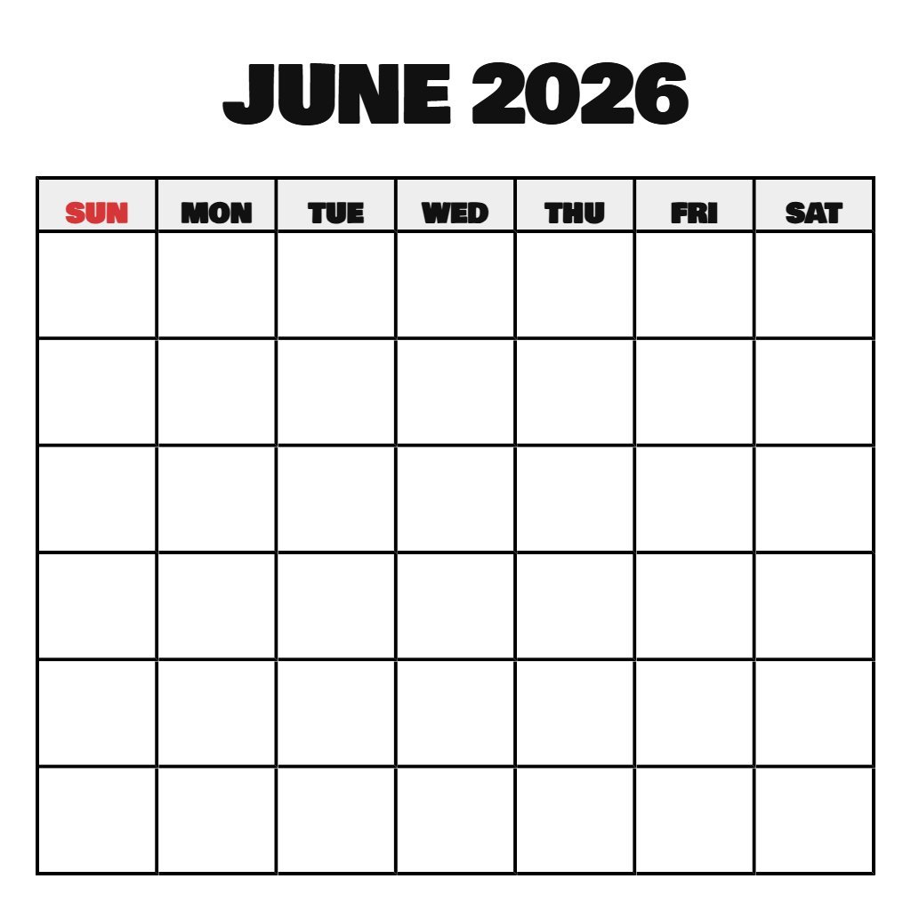 Blank June Calendar 2026 Printable PDF Download