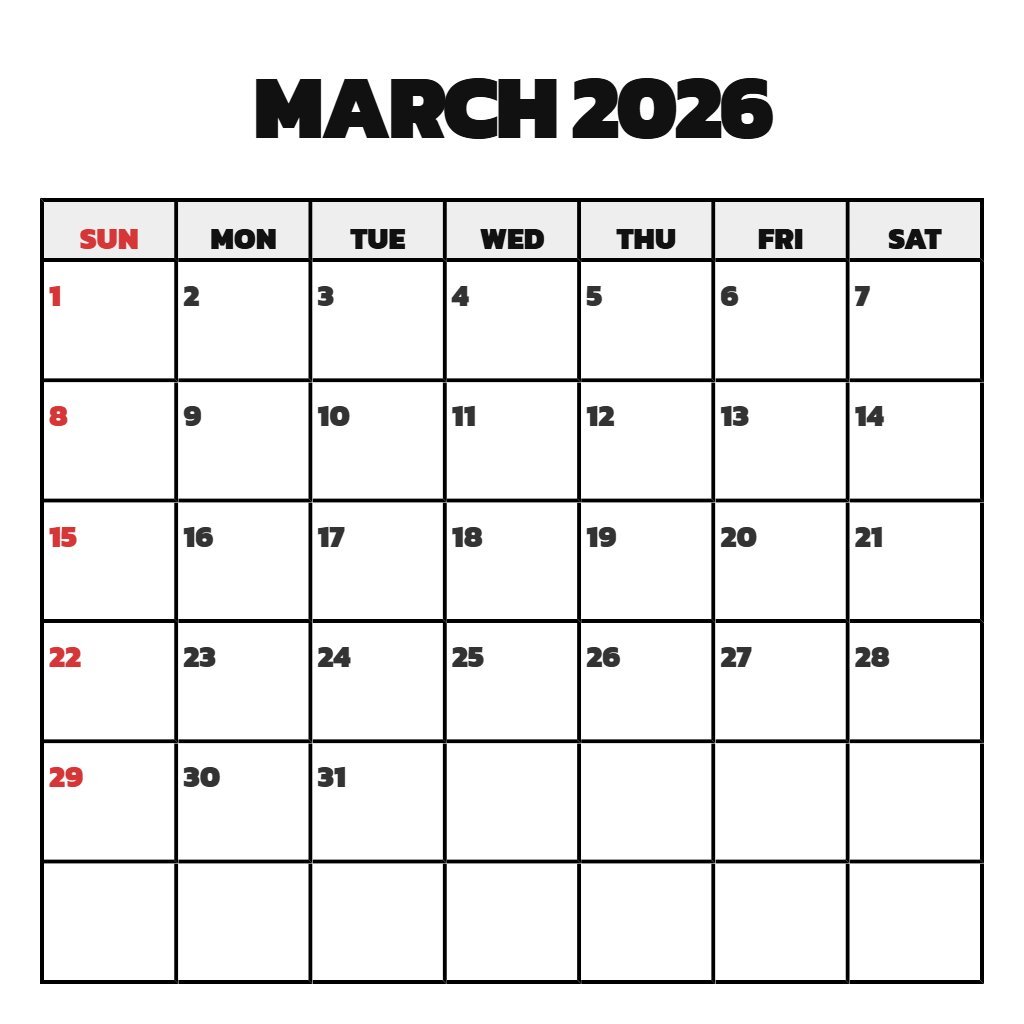 Editable Blank March 2026 Calendar Printable Schedule PDF Download Editable Blank March 2026 Calendar Printable Schedule PDF Download