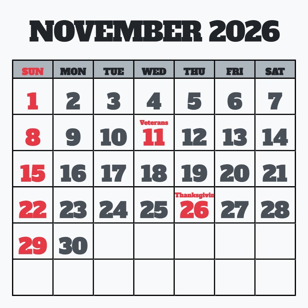 Cute Blank November 2026 Calendar Printable Wallpaper PDF Download
