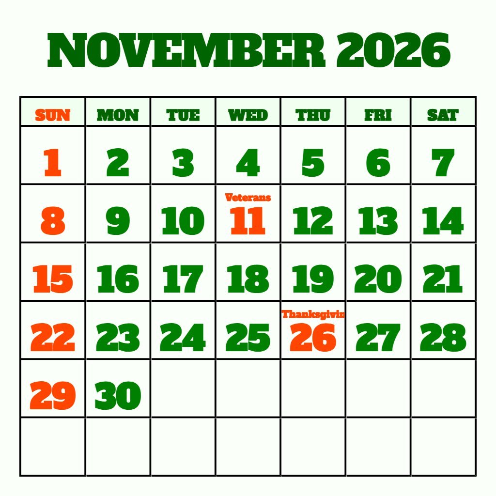 Cute Blank November 2026 Calendar Printable Planning PDF Download