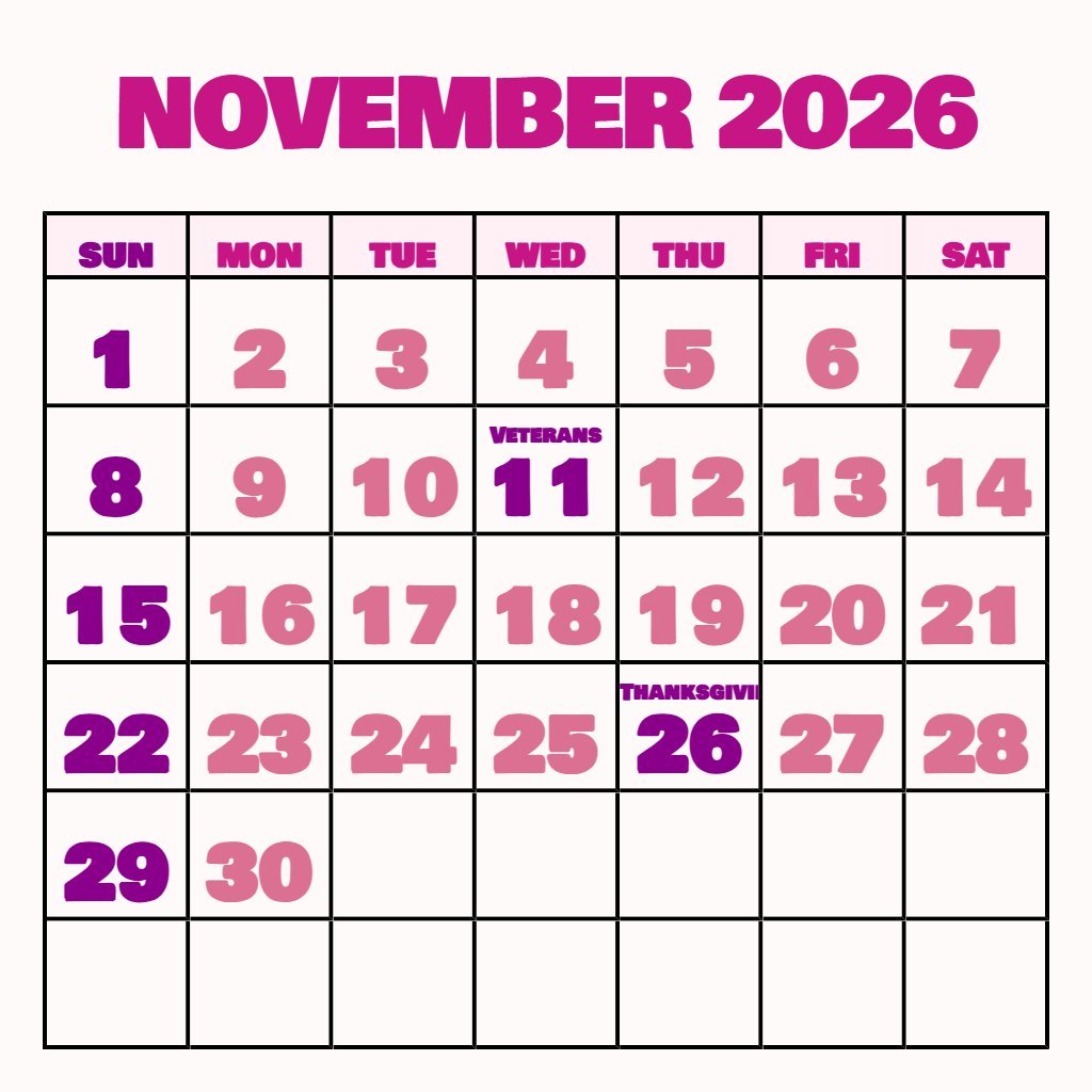 Cute Blank November 2026 Calendar Printable Pdf Planning PDF Download