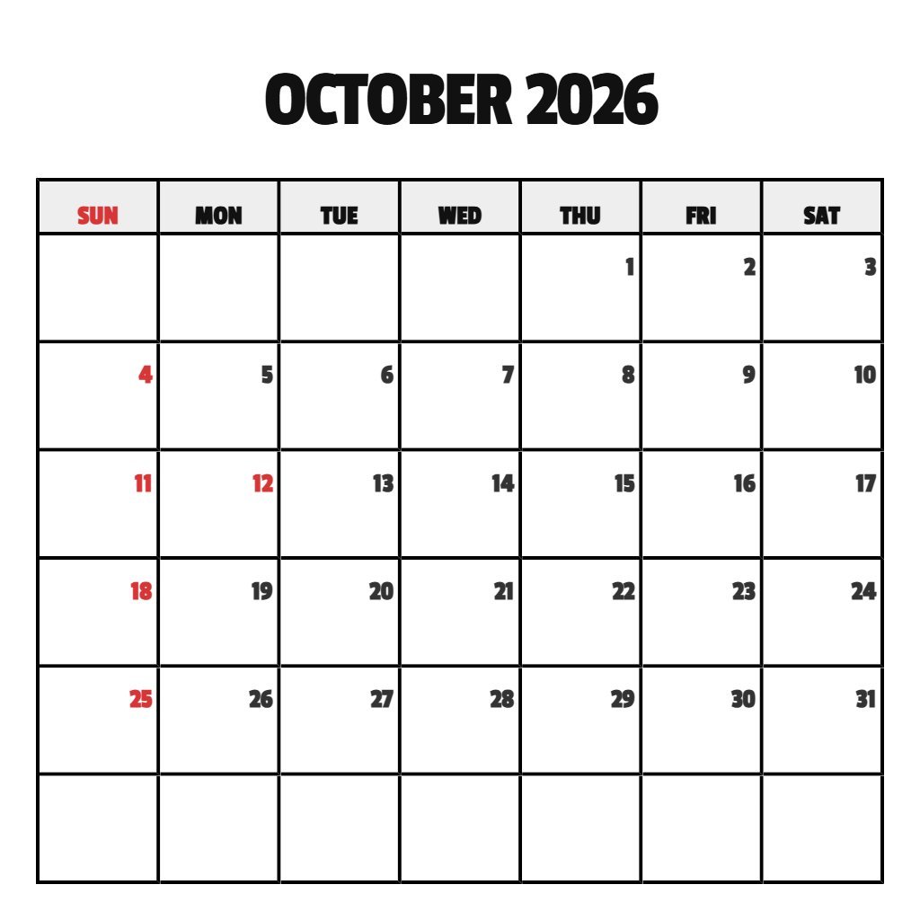 Cute Blank October 2026 Calendar Printable Notes PDF Download