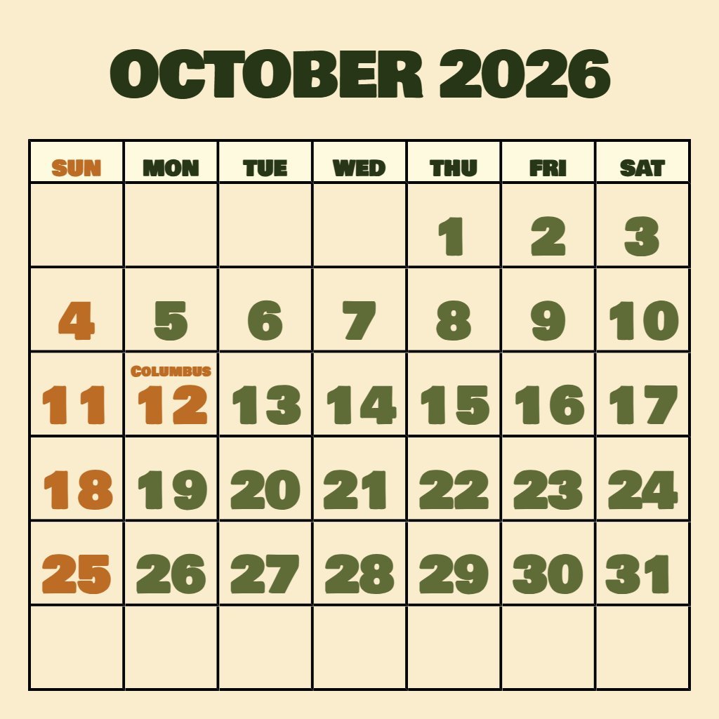 Editable Blank October 2026 Calendar Printable Notes PDF Download
