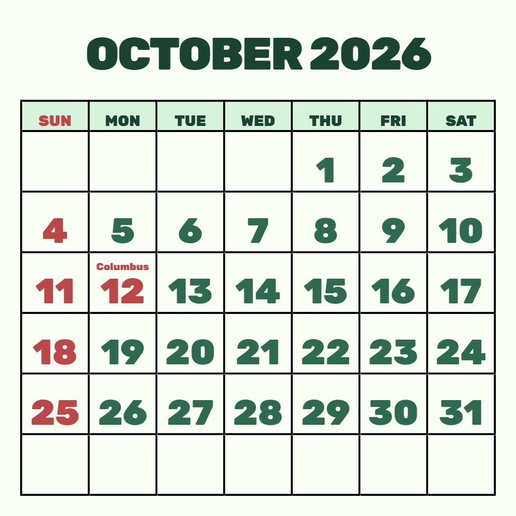 Editable Blank October 2026 Calendar Printable Planning PDF Download