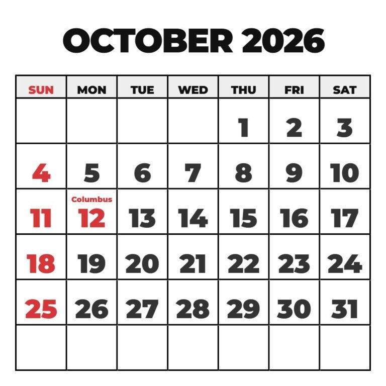 Blank October 2026 Calendar Printable PDF Download