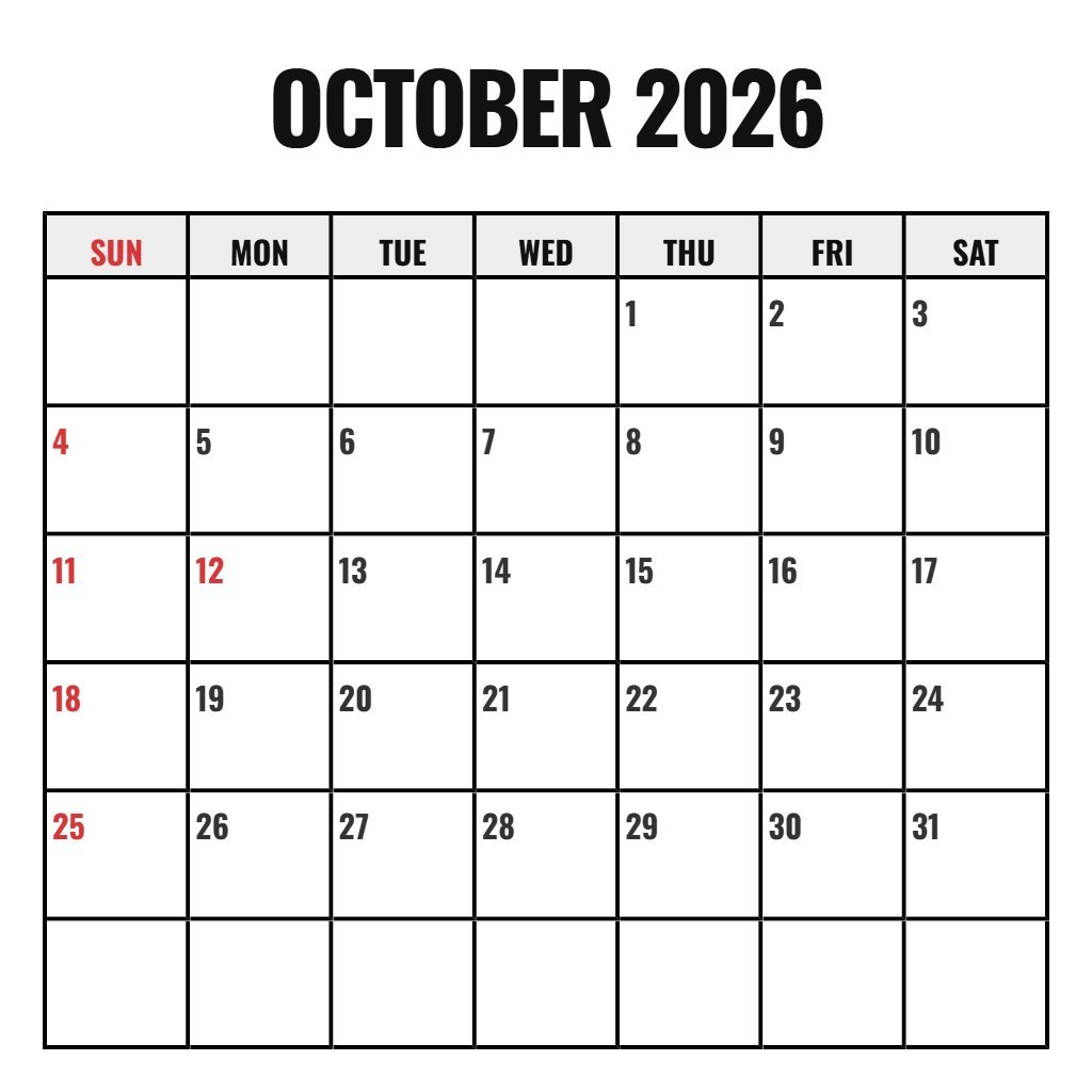 Free Blank October 2026 Calendar Printable Pdf Schedule PDF Download