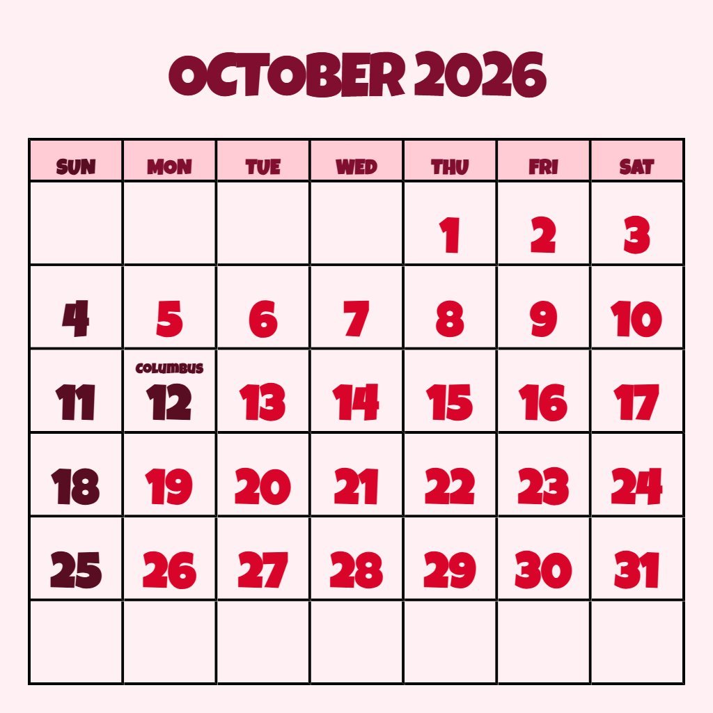 Custom Blank October 2026 Calendar Printable Pdf Schedule PDF Download
