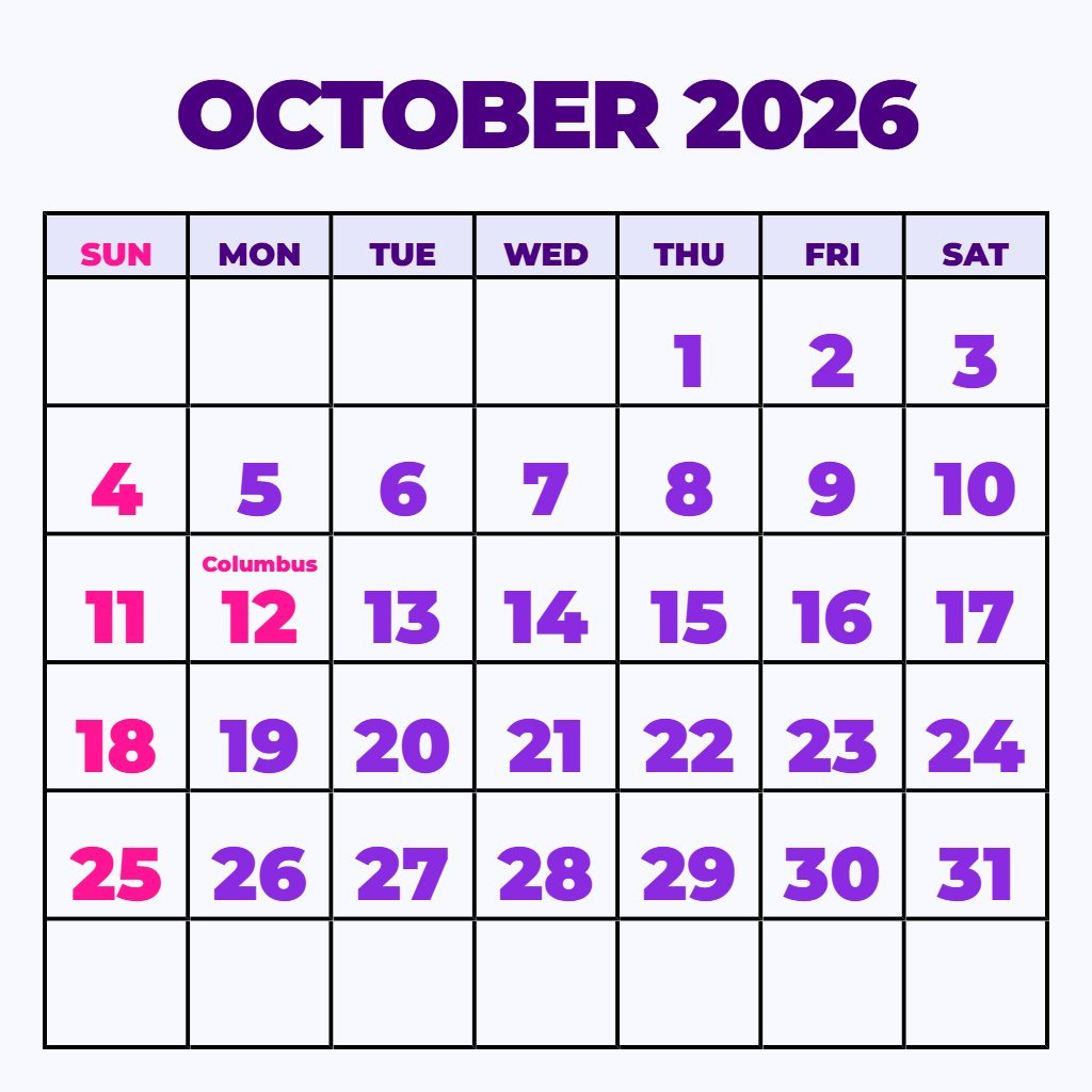 Free Blank October 2026 Calendar Printable Pdf Planning PDF Download