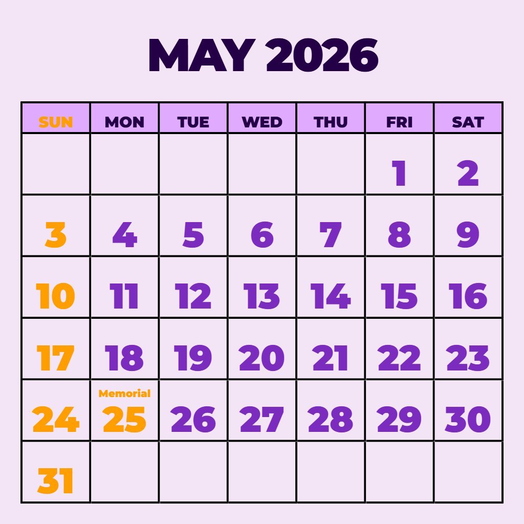 Cute Blank Printable Calendar May 2026 Notes PDF Download