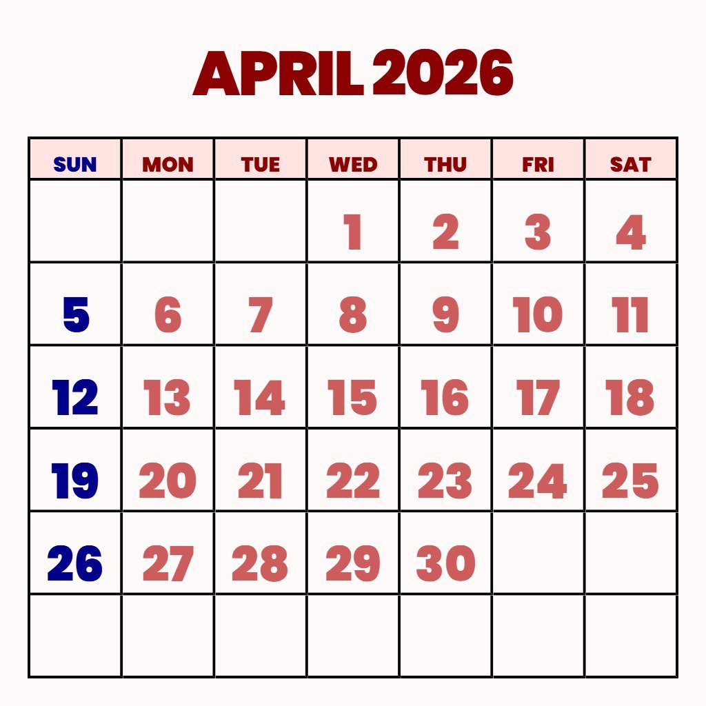 Cute Calendar April 2026 Printable Free Wallpaper PDF Download