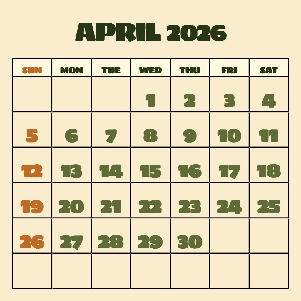 Cute Calendar April 2026 Printable Free Schedule PDF Download