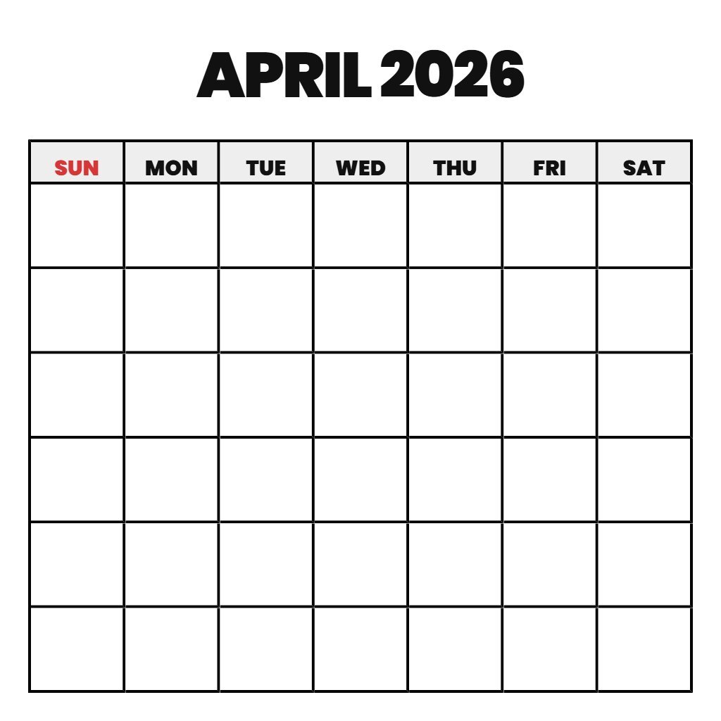 Calendar April 2026 Printable Free Blank PDF Download
