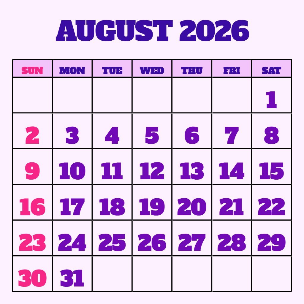 Cute Calendar August 2026 Free Printable Wallpaper PDF Download Cute Calendar August 2026 Free Printable Wallpaper PDF Download