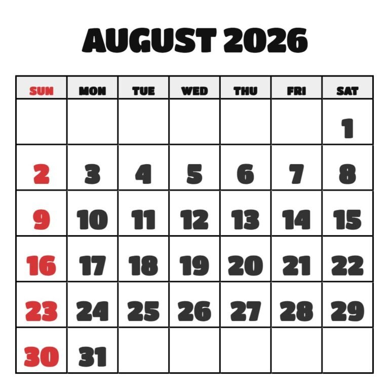 Calendar August 2026 Free Printable PDF Download