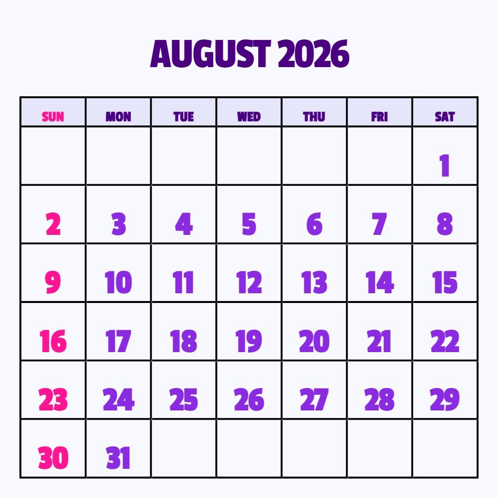 Free Calendar August 2026 Printable Free Notes PDF Download