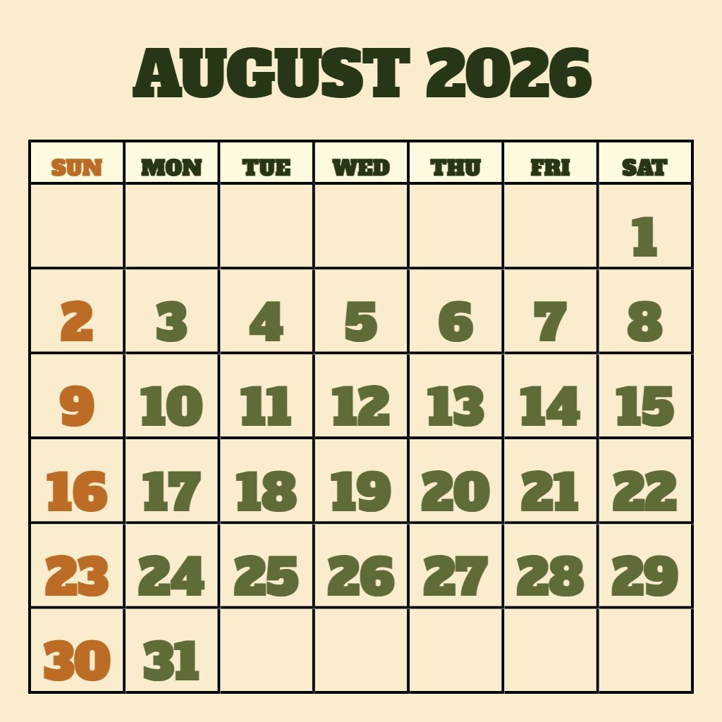 Custom Calendar August 2026 Printable Free Notes PDF Download