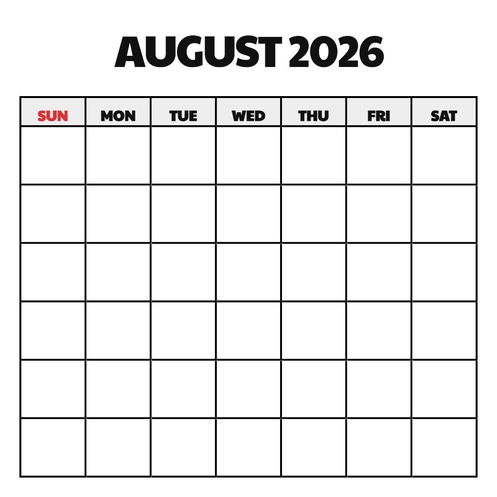 Calendar August 2026 Printable Free Blank PDF Download