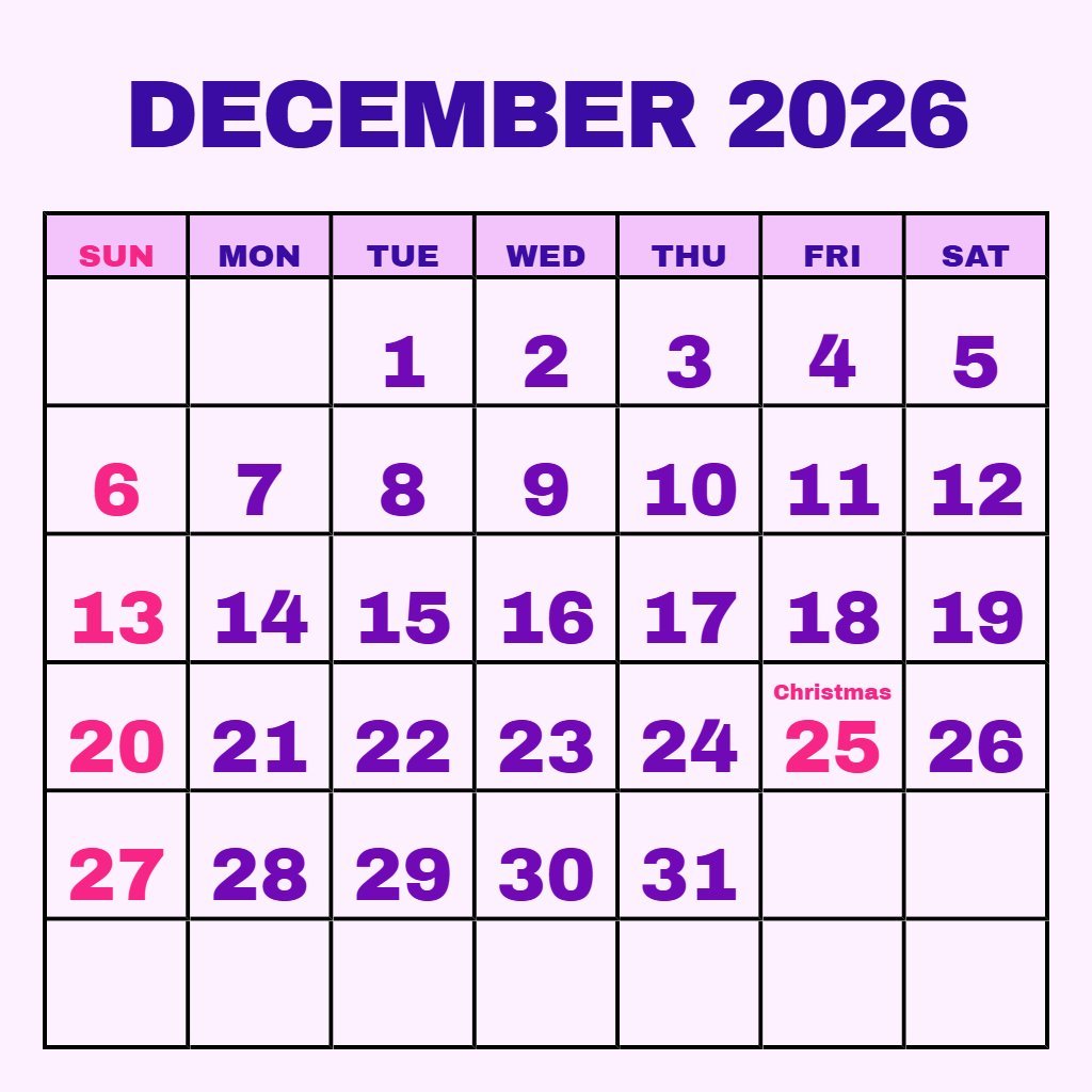 Cute Calendar December 2026 Printable Free Planning PDF Download