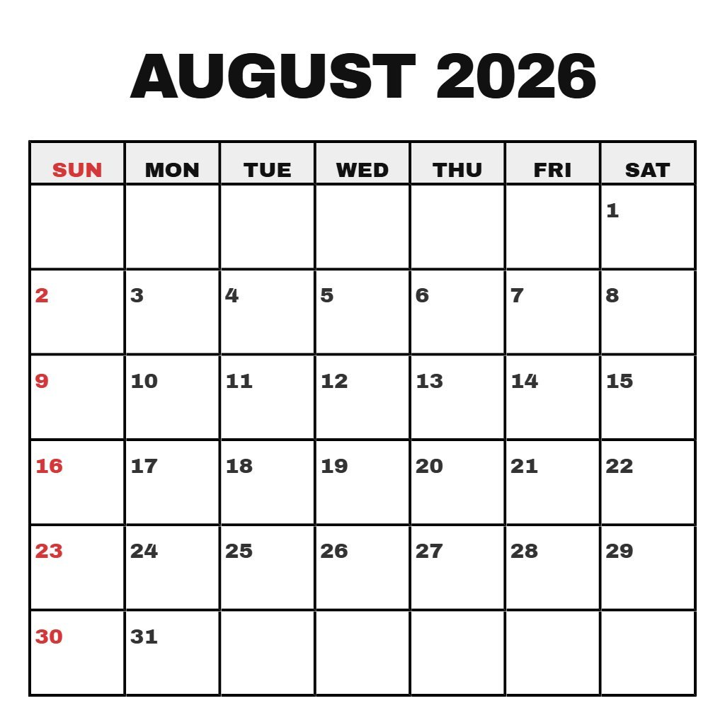 Custom Calendar For August 2026 Printable Planning PDF Download